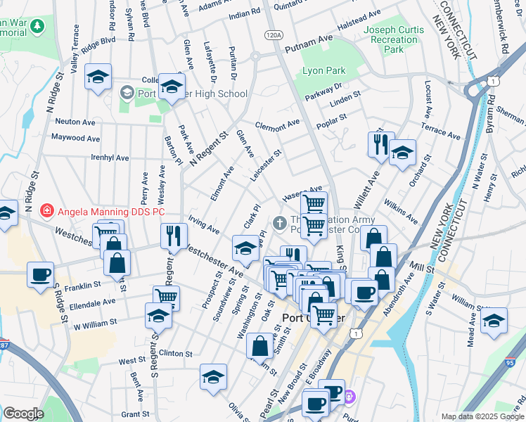 map of restaurants, bars, coffee shops, grocery stores, and more near 54 Clark Place in Port Chester
