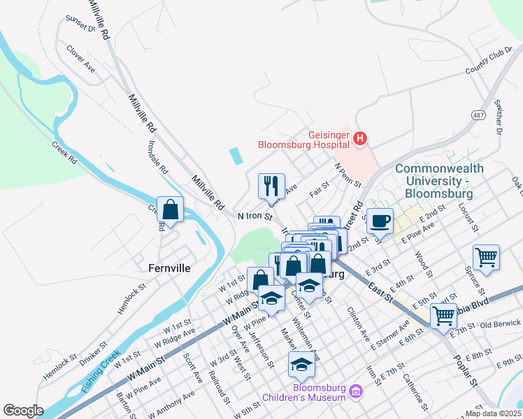 map of restaurants, bars, coffee shops, grocery stores, and more near 1 Eyer Street in Bloomsburg