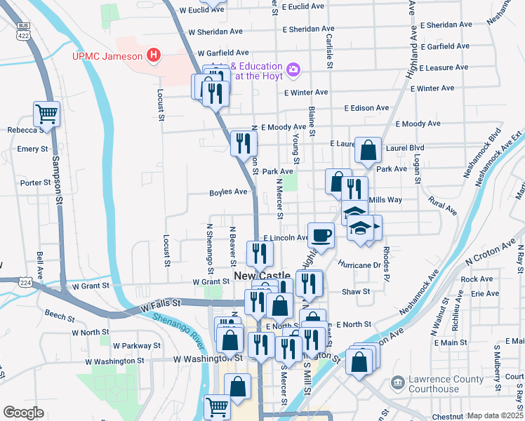 map of restaurants, bars, coffee shops, grocery stores, and more near 507 North Jefferson Street in New Castle