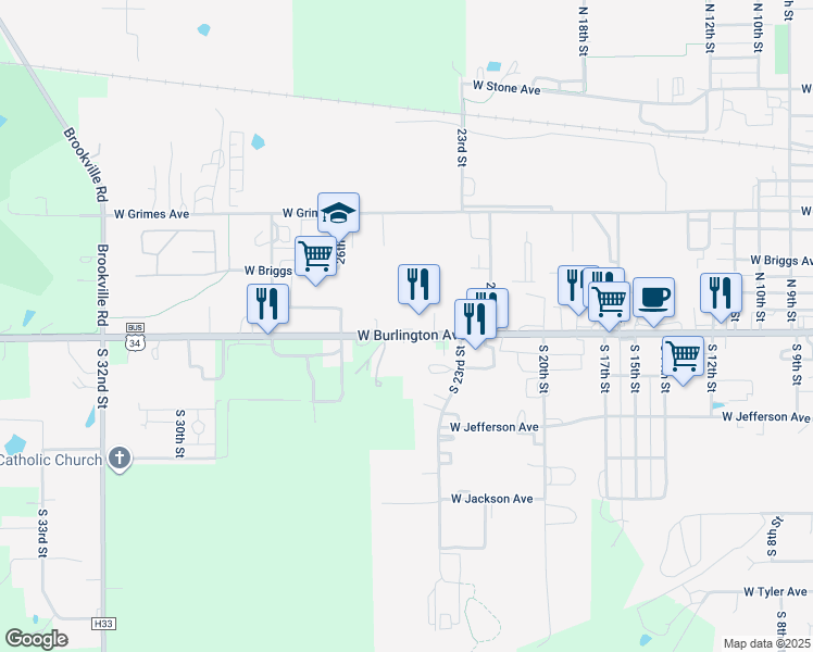 map of restaurants, bars, coffee shops, grocery stores, and more near 2001-2119 West Burlington Avenue in Fairfield