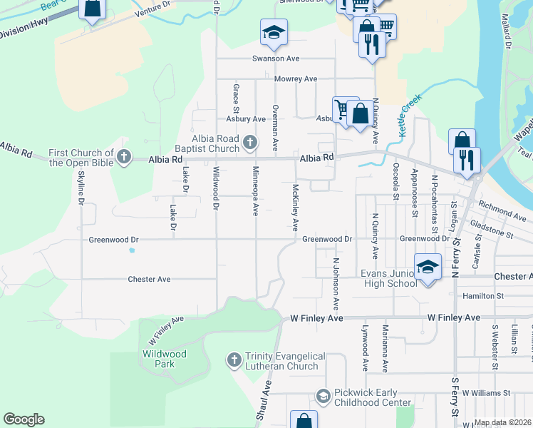 map of restaurants, bars, coffee shops, grocery stores, and more near 420 Minneopa Avenue in Ottumwa