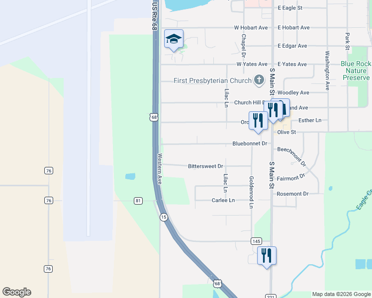 map of restaurants, bars, coffee shops, grocery stores, and more near 501 Bluebonnet Drive in Findlay