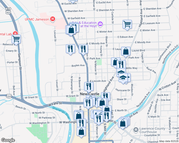 map of restaurants, bars, coffee shops, grocery stores, and more near 507 North Jefferson Street in New Castle