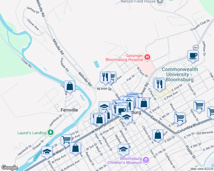 map of restaurants, bars, coffee shops, grocery stores, and more near 1 Eyer Street in Bloomsburg