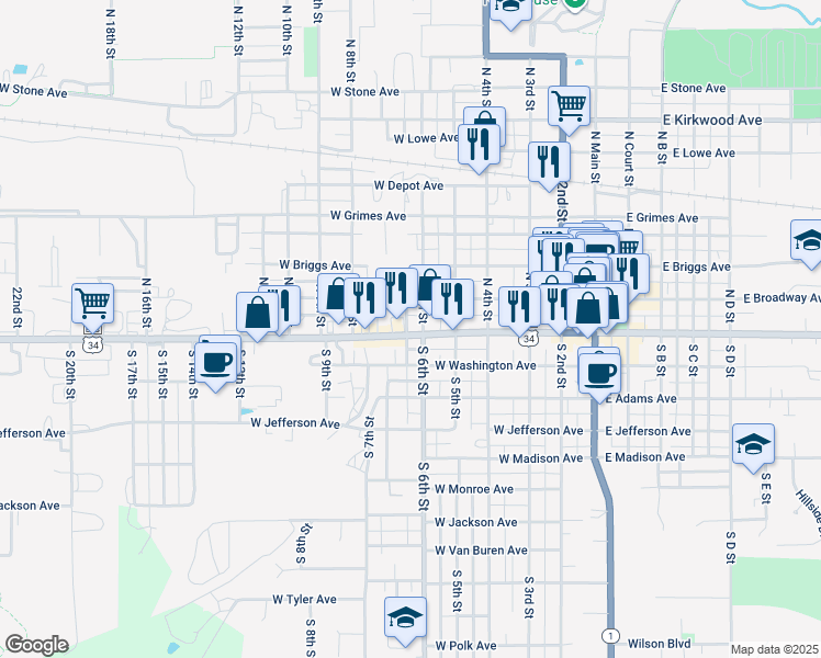 map of restaurants, bars, coffee shops, grocery stores, and more near 603 West Burlington Avenue in Fairfield