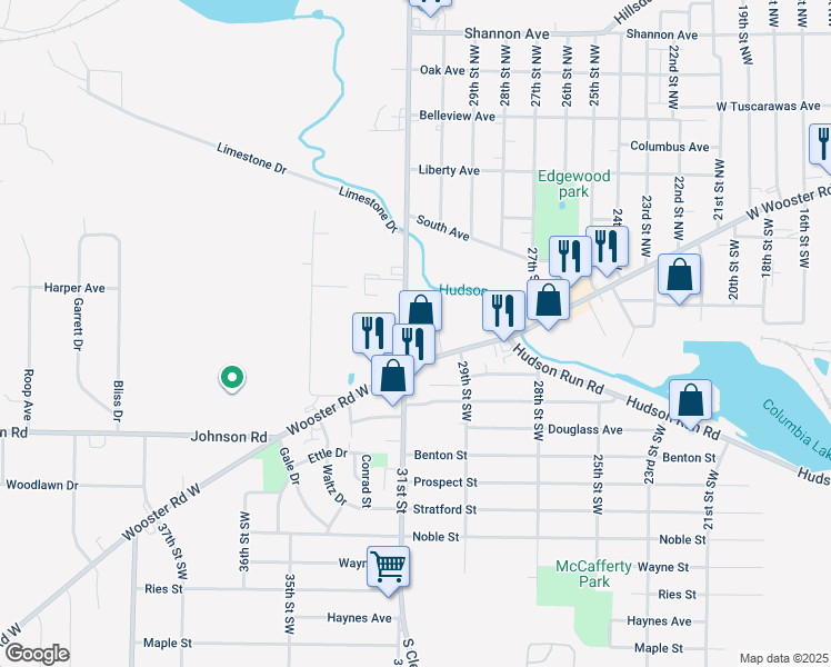 map of restaurants, bars, coffee shops, grocery stores, and more near 44 31st Street Northwest in Barberton