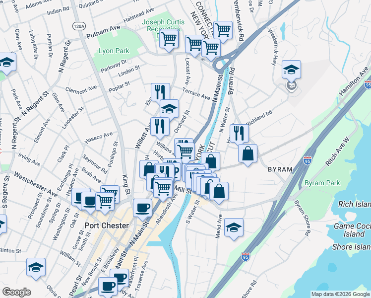 map of restaurants, bars, coffee shops, grocery stores, and more near 350 North Main Street in Port Chester