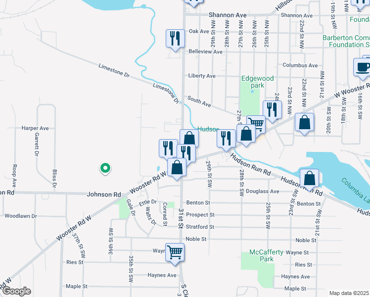 map of restaurants, bars, coffee shops, grocery stores, and more near 33 31st Street Northwest in Barberton