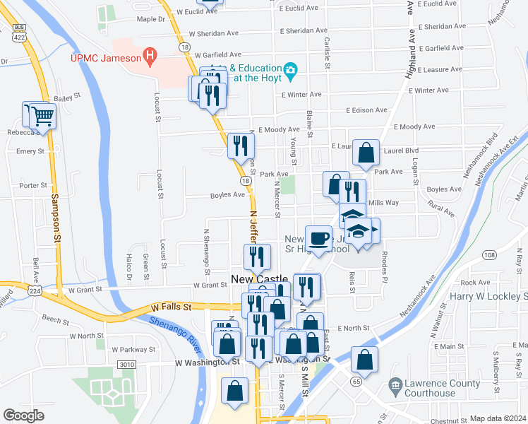 map of restaurants, bars, coffee shops, grocery stores, and more near 5 East Wallace Avenue in New Castle