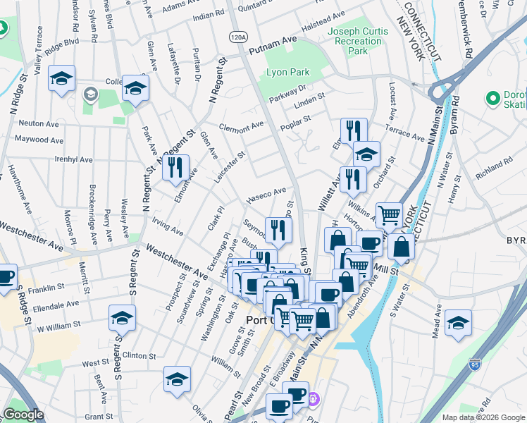 map of restaurants, bars, coffee shops, grocery stores, and more near 16 Maple Place in Port Chester