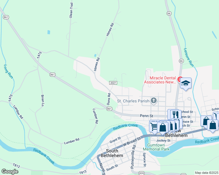 map of restaurants, bars, coffee shops, grocery stores, and more near 236 Olean Trail in New Bethlehem