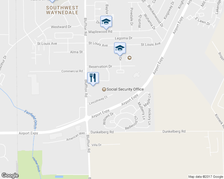 map of restaurants, bars, coffee shops, grocery stores, and more near 2080 Lincolnway Court in Fort Wayne