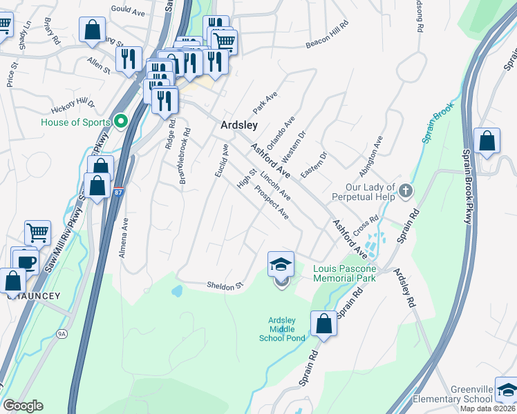 map of restaurants, bars, coffee shops, grocery stores, and more near 22 Larchmont Street in Ardsley