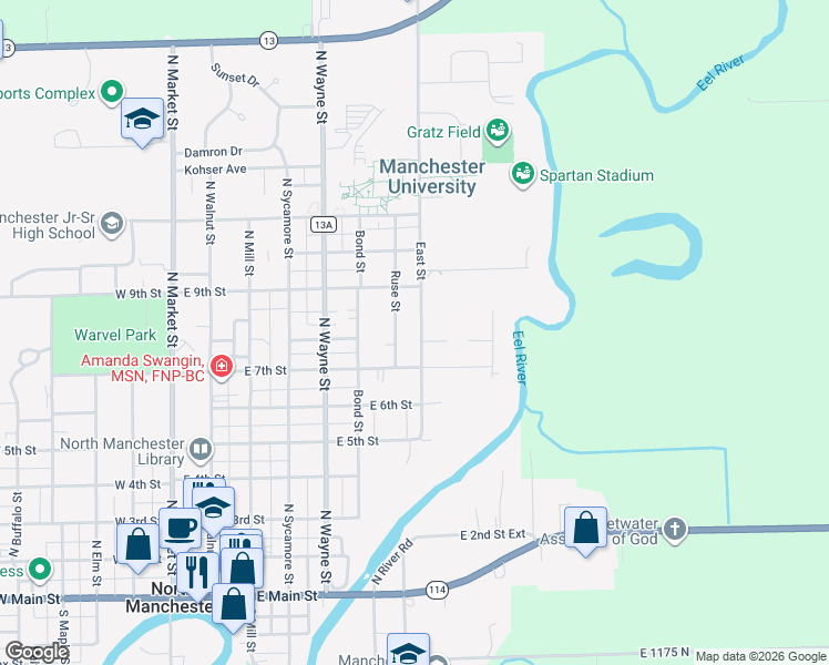 map of restaurants, bars, coffee shops, grocery stores, and more near 802 East Street in North Manchester