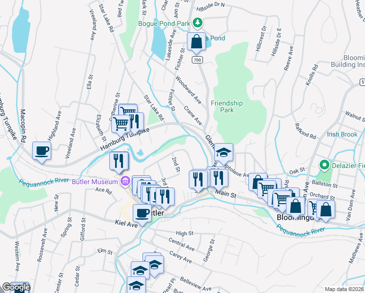 map of restaurants, bars, coffee shops, grocery stores, and more near 64 Arch Street in Butler