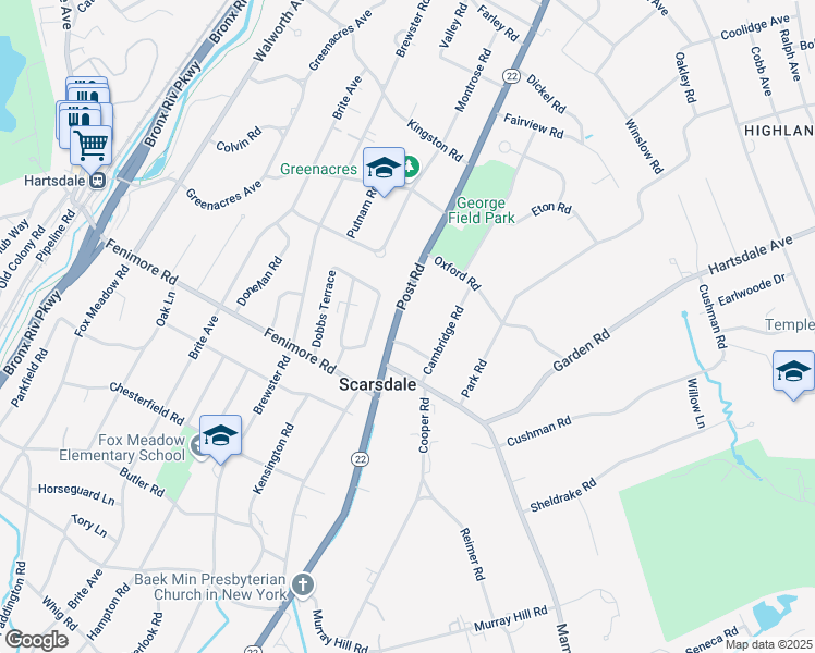 map of restaurants, bars, coffee shops, grocery stores, and more near 1184 Post Road in Scarsdale