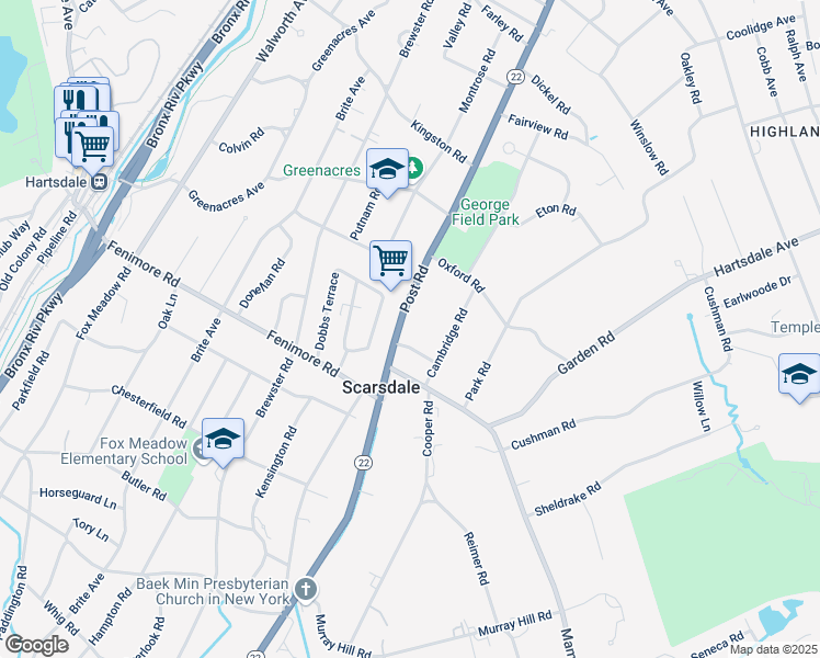 map of restaurants, bars, coffee shops, grocery stores, and more near 1184 Post Road in Scarsdale