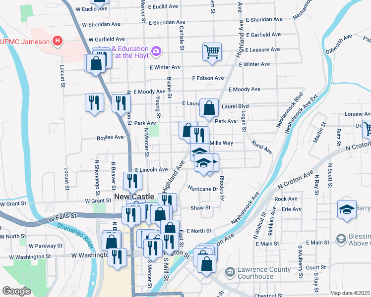 map of restaurants, bars, coffee shops, grocery stores, and more near 139 Mills Way in New Castle
