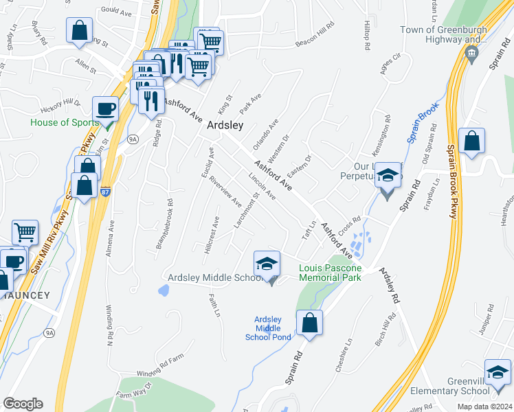 map of restaurants, bars, coffee shops, grocery stores, and more near 40 Prospect Avenue in Ardsley