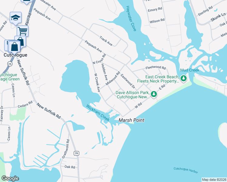 map of restaurants, bars, coffee shops, grocery stores, and more near 345 Holden Avenue in Cutchogue