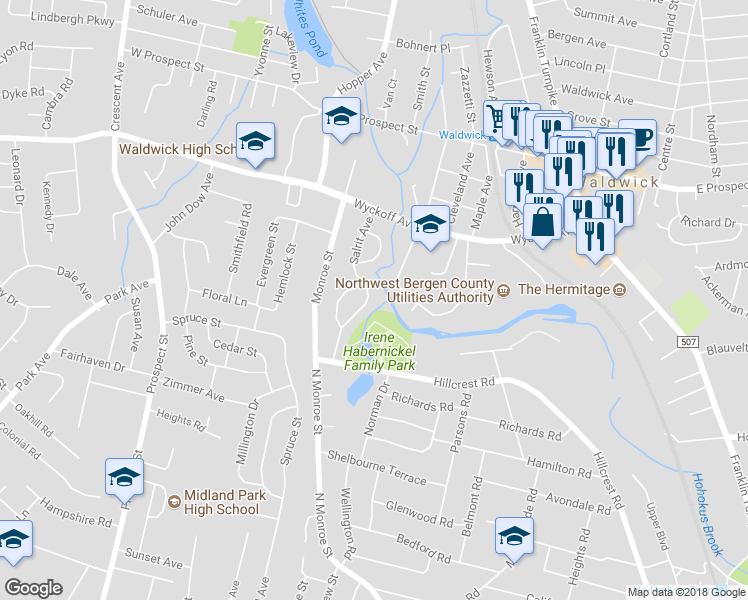 map of restaurants, bars, coffee shops, grocery stores, and more near 983 Andover Terrace in Ridgewood