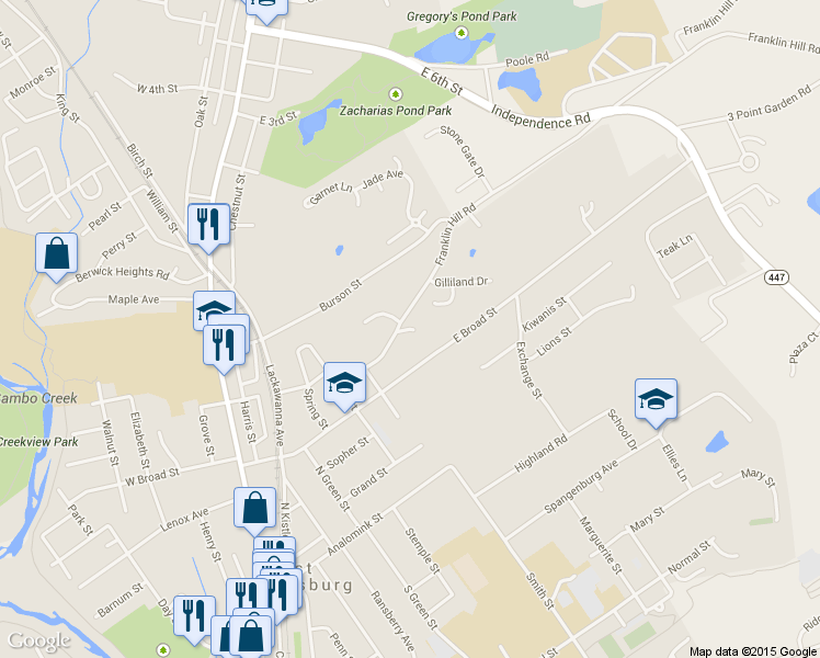 map of restaurants, bars, coffee shops, grocery stores, and more near Ruth Street in East Stroudsburg