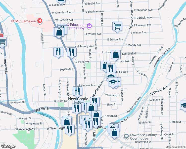 map of restaurants, bars, coffee shops, grocery stores, and more near 117 East Wallace Avenue in New Castle