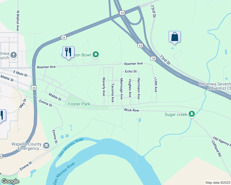 map of restaurants, bars, coffee shops, grocery stores, and more near 400-498 Tacoma Ave in Ottumwa
