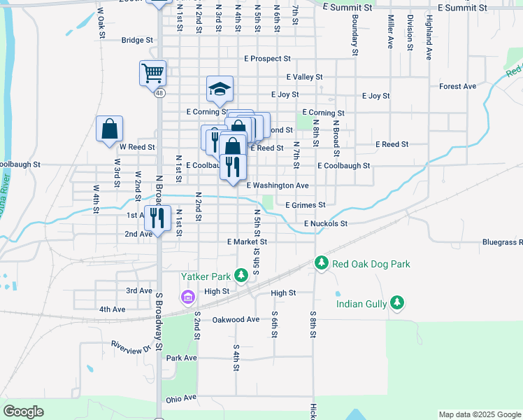 map of restaurants, bars, coffee shops, grocery stores, and more near 506 East Grimes Street in Red Oak