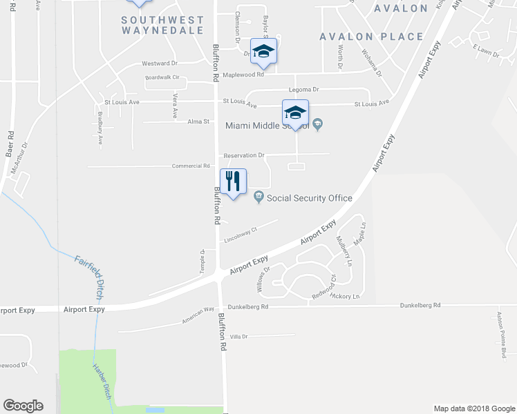 map of restaurants, bars, coffee shops, grocery stores, and more near 2122 Lincolnway Court in Fort Wayne