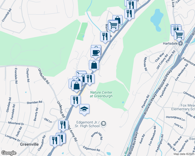 map of restaurants, bars, coffee shops, grocery stores, and more near 372 Central Park Avenue in Scarsdale
