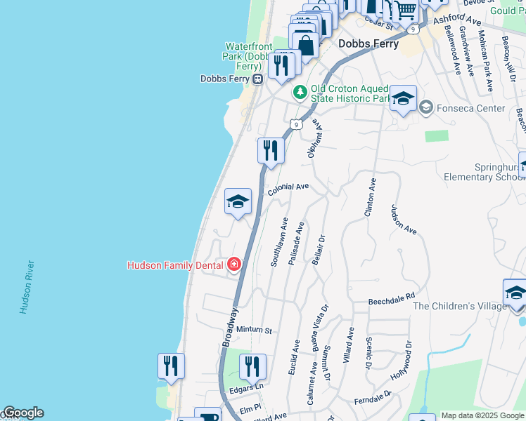 map of restaurants, bars, coffee shops, grocery stores, and more near 102 U.S. 9 in Dobbs Ferry