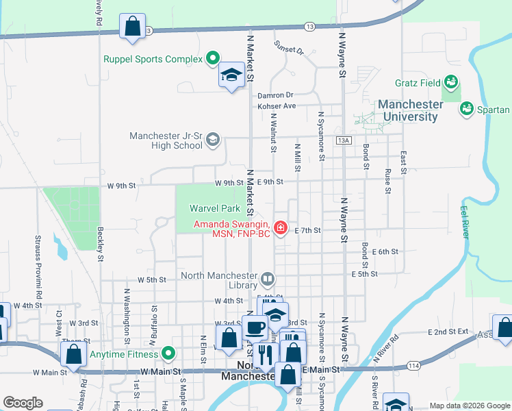 map of restaurants, bars, coffee shops, grocery stores, and more near 803 North Market Street in North Manchester