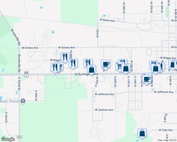 map of restaurants, bars, coffee shops, grocery stores, and more near 2119 West Burlington Avenue in Fairfield
