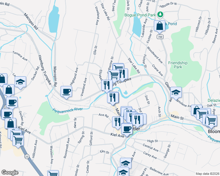 map of restaurants, bars, coffee shops, grocery stores, and more near 149 Hamburg Turnpike in Bloomingdale