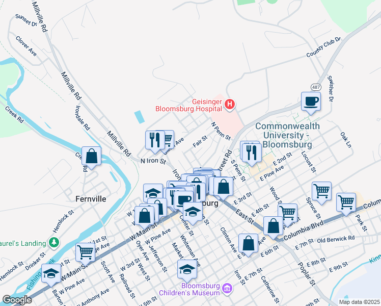 map of restaurants, bars, coffee shops, grocery stores, and more near 208 Pine Street in Bloomsburg