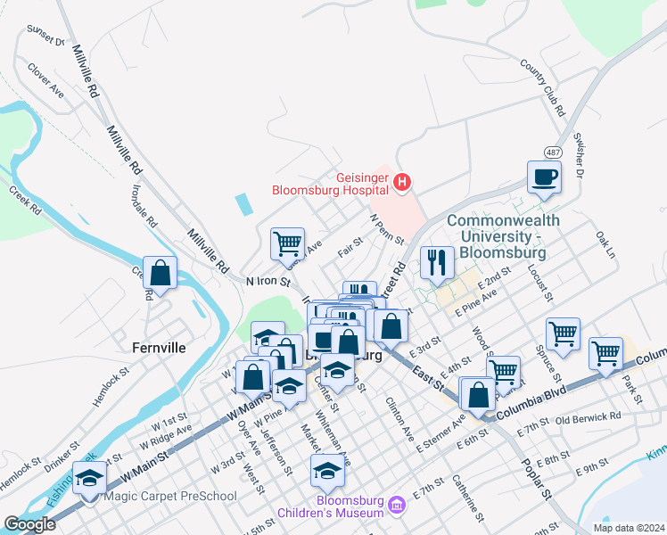 map of restaurants, bars, coffee shops, grocery stores, and more near 208 Pine Street in Bloomsburg