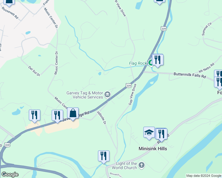 map of restaurants, bars, coffee shops, grocery stores, and more near Poco Lane in East Stroudsburg