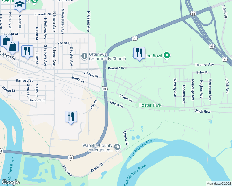 map of restaurants, bars, coffee shops, grocery stores, and more near 2201 Mable Street in Ottumwa