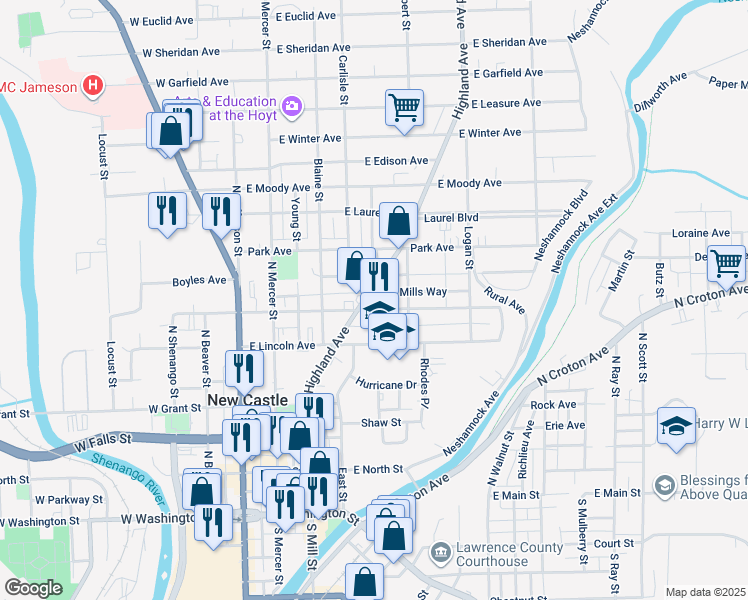 map of restaurants, bars, coffee shops, grocery stores, and more near 205 East Wallace Avenue in New Castle
