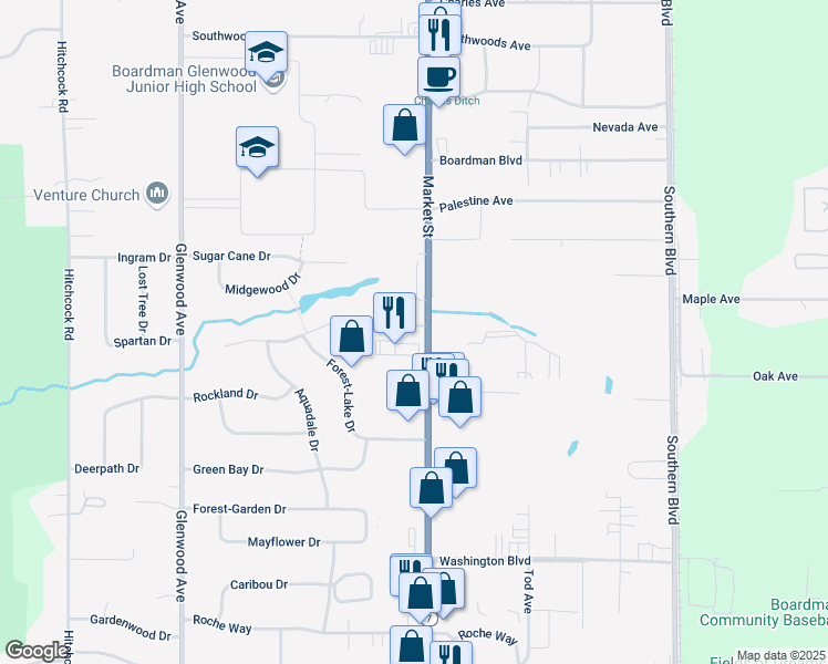 map of restaurants, bars, coffee shops, grocery stores, and more near 7956 Market Street in Youngstown