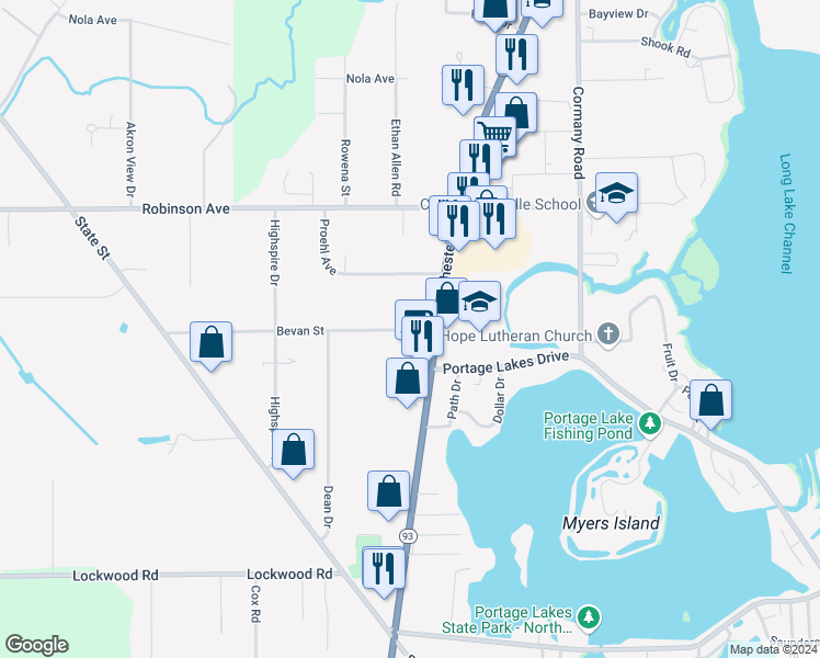 map of restaurants, bars, coffee shops, grocery stores, and more near 905 Bevan Street in Akron