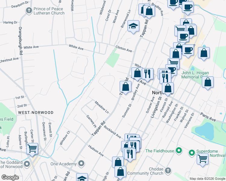 map of restaurants, bars, coffee shops, grocery stores, and more near 121 Chaffee Cir in Norwood