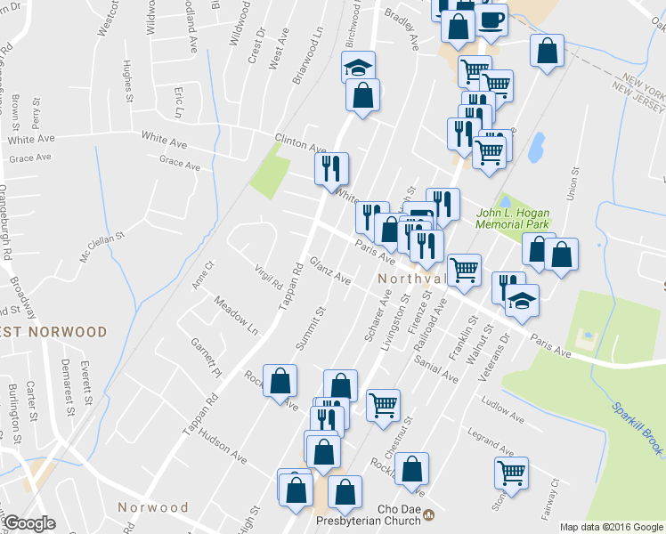 map of restaurants, bars, coffee shops, grocery stores, and more near 193 Glanz Avenue in Northvale