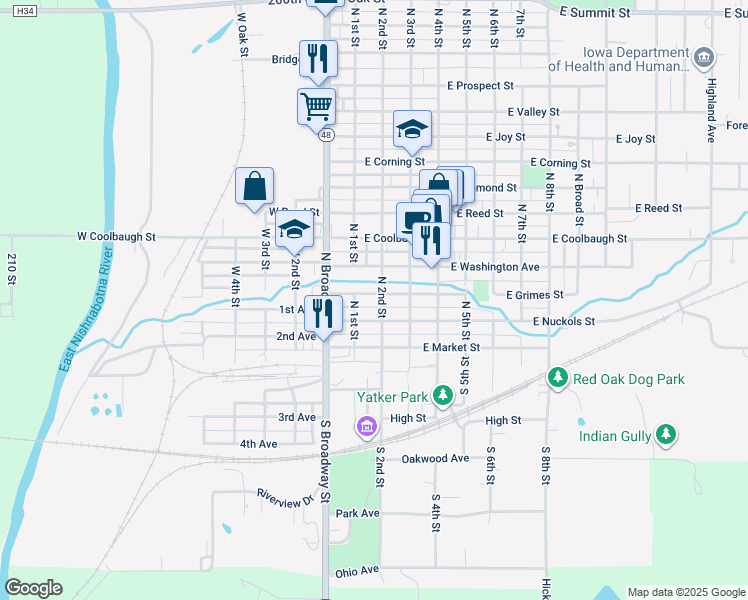 map of restaurants, bars, coffee shops, grocery stores, and more near 211 North 2nd Street in Red Oak