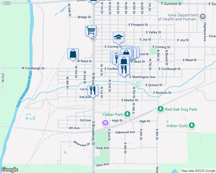 map of restaurants, bars, coffee shops, grocery stores, and more near 211 North 2nd Street in Red Oak