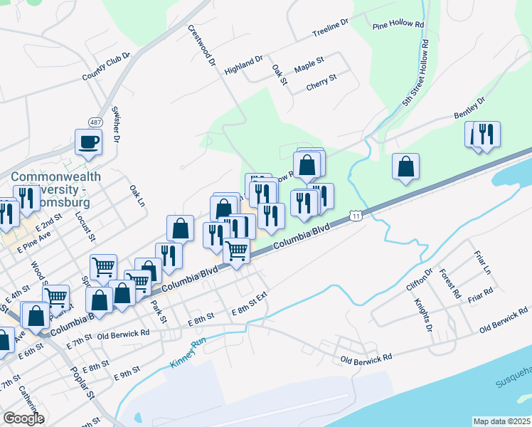 map of restaurants, bars, coffee shops, grocery stores, and more near 1005 Scott Town Plaza in Bloomsburg