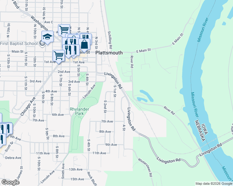 map of restaurants, bars, coffee shops, grocery stores, and more near 503 South 1st Street in Plattsmouth