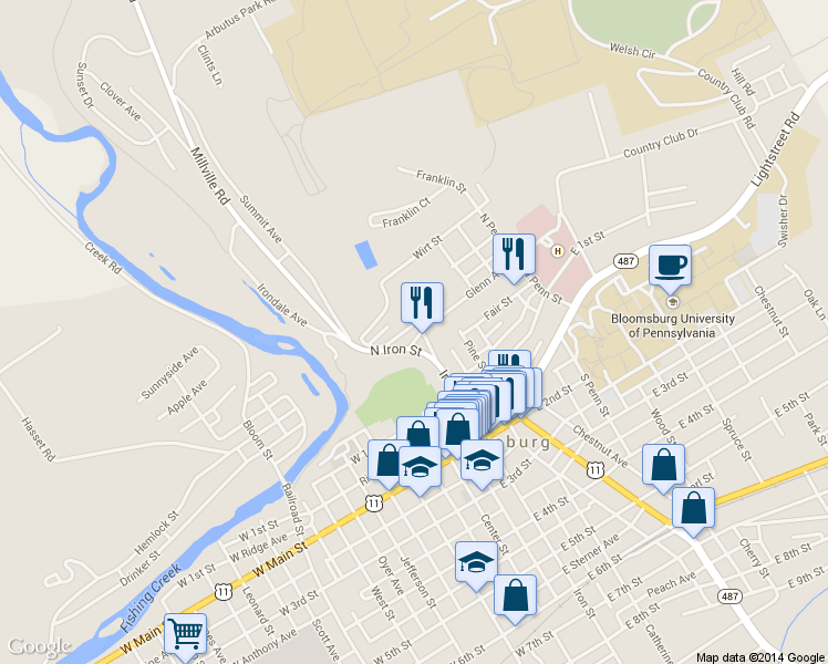 map of restaurants, bars, coffee shops, grocery stores, and more near 1 Eyer Street in Bloomsburg