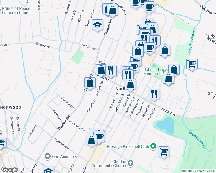map of restaurants, bars, coffee shops, grocery stores, and more near 196 School Street in Northvale